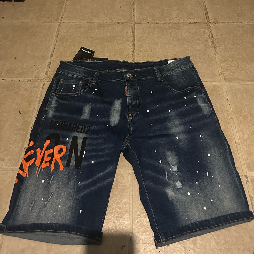 DSQUARED2 Blue and Orange Jean Shorts with Distressed Design